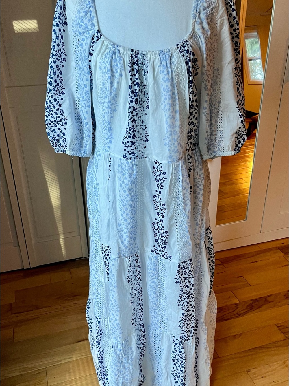 Zara White & Blue Floral Embroidered Maxi Dress | Size S | Cottagecore Boho